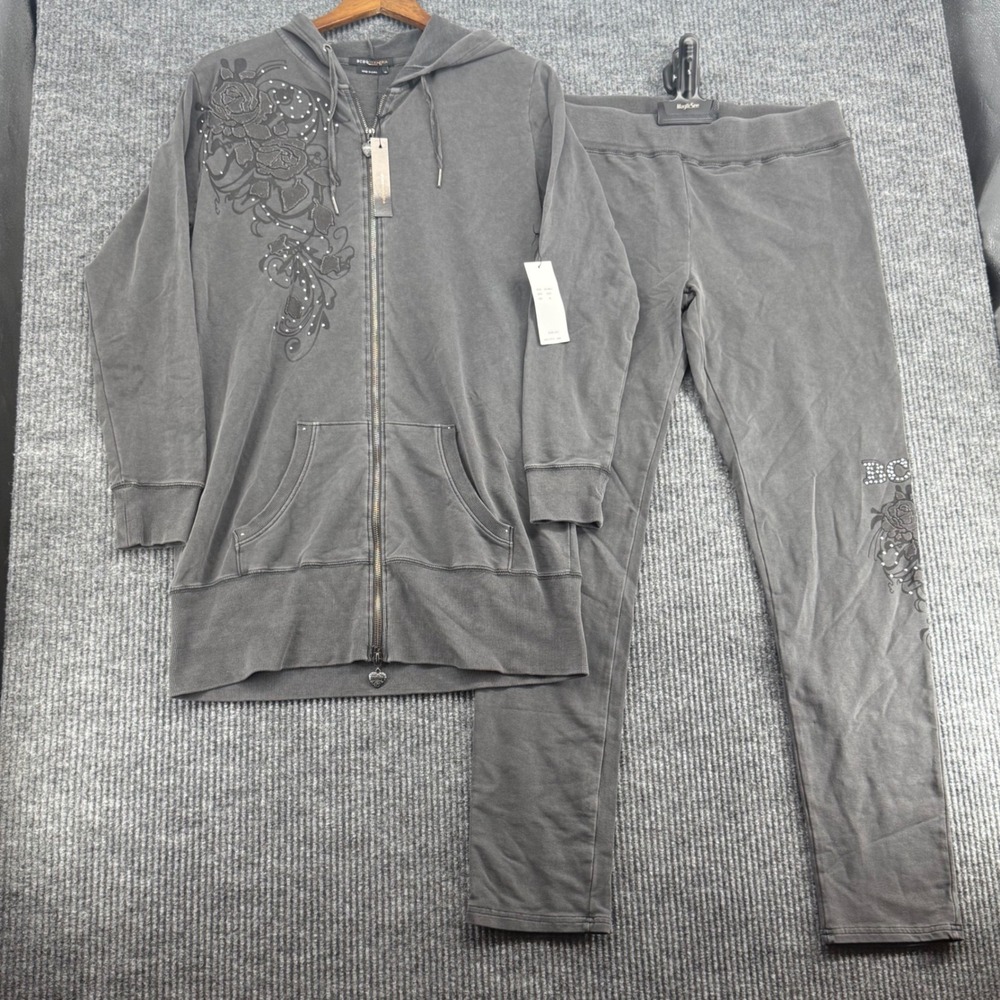 BCBG Max Azria Tracksuit Set Women XL Black New Floral Rhinestone Hoodie Legging